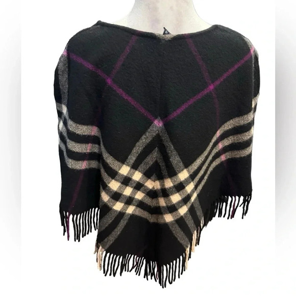 Burberry London Womens Black Plaid V-Neck Fringe Poncho Sweater Size S/M - Picture 2 of 9